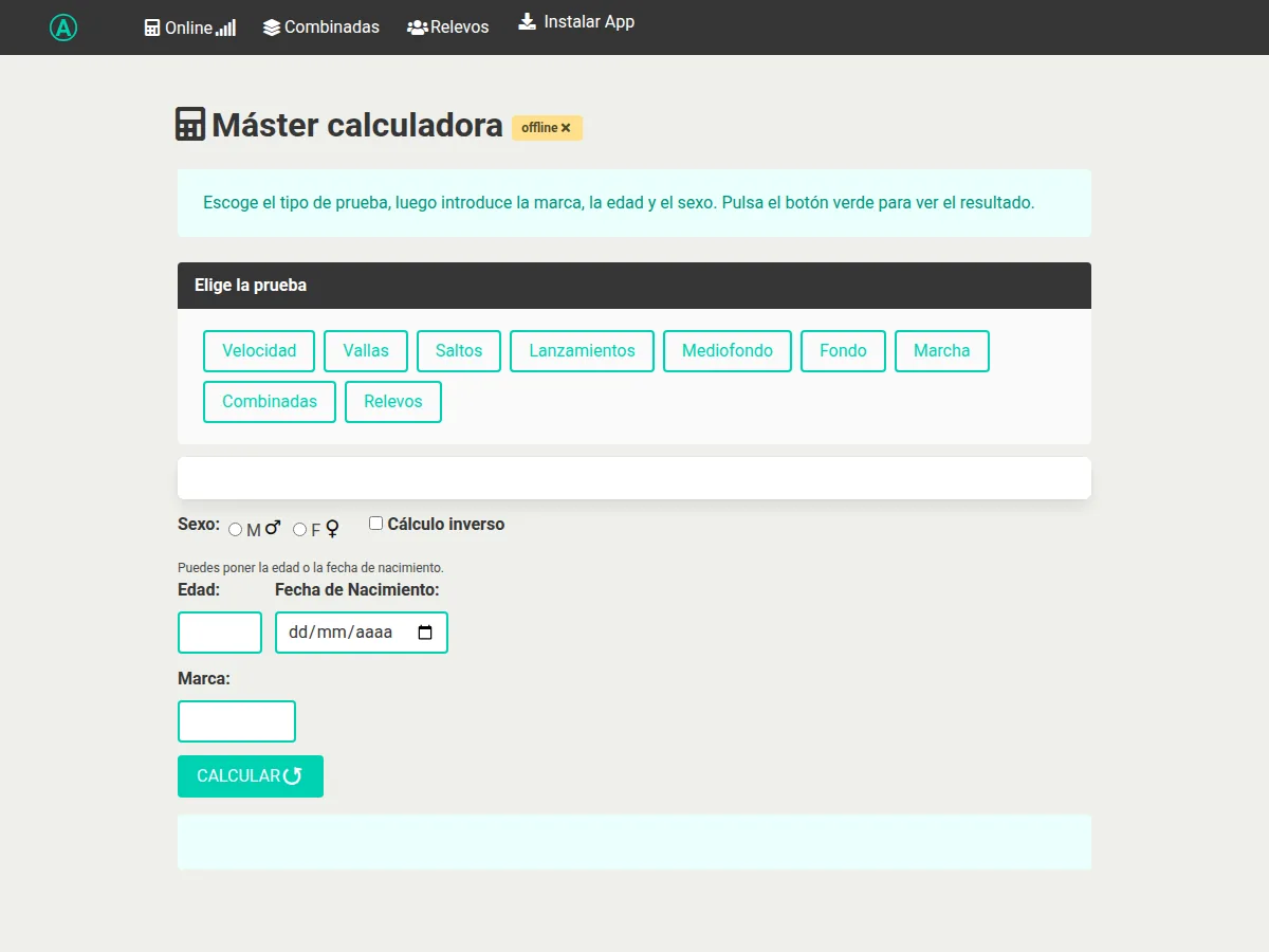Calculadora individual offline de Atletismo Máster
