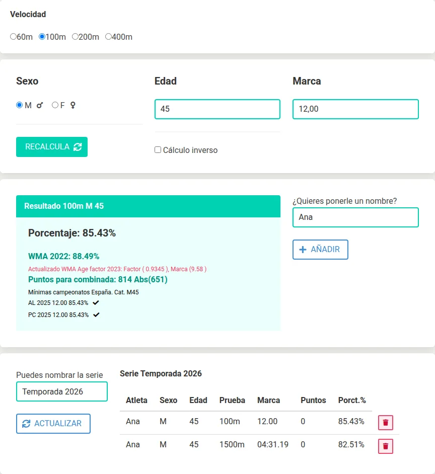 Resultado de la calculadora con los campos para guardar la marca en una serie