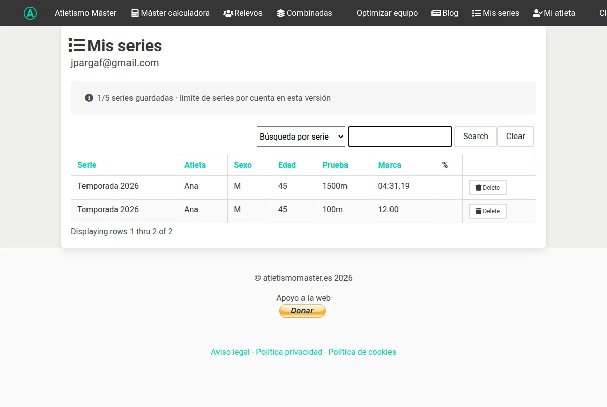 Tabla Mis series de Máster Calculadora con las marcas guardadas de un usuario
